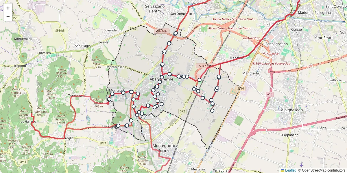 Mappa dettagliata del trasporto pubblico a Abano Terme con linee autobus, tram e collegamenti