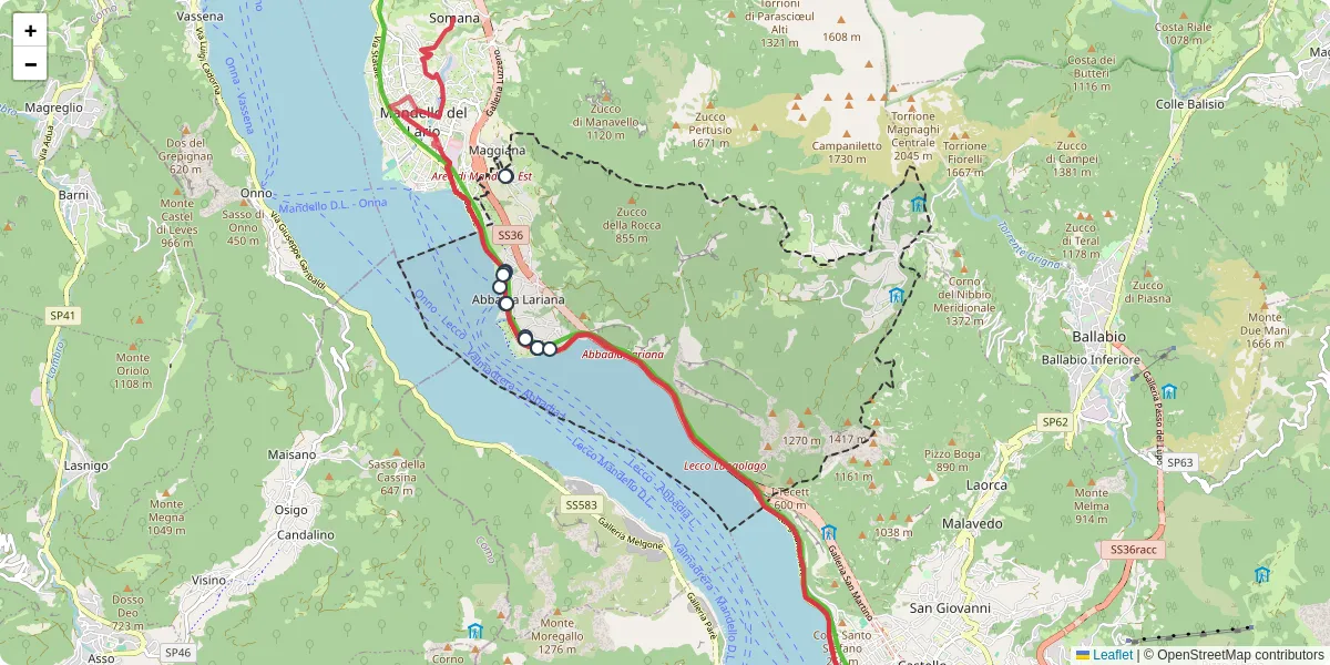 Mappa dettagliata del trasporto pubblico a Abbadia Lariana con linee autobus, tram e collegamenti