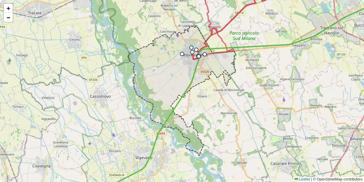 Mappa dettagliata del trasporto pubblico a Abbiategrasso con linee autobus, tram e collegamenti
