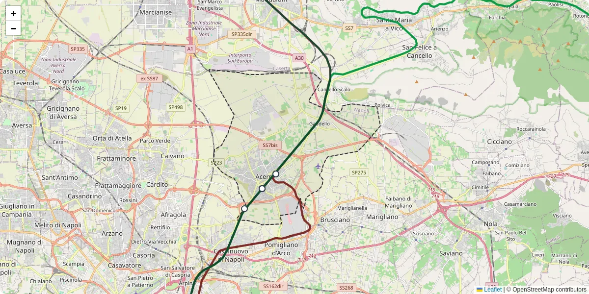 Mappa dettagliata del trasporto pubblico a Acerra con linee autobus, tram e collegamenti