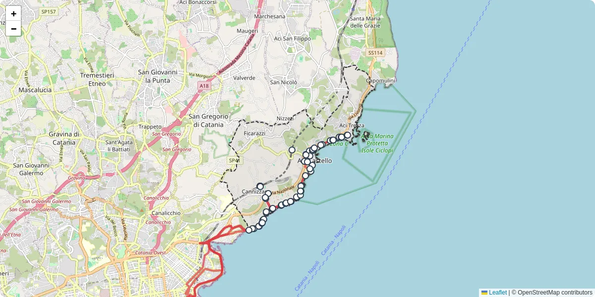 Mappa dettagliata del trasporto pubblico a Aci Castello con linee autobus, tram e collegamenti