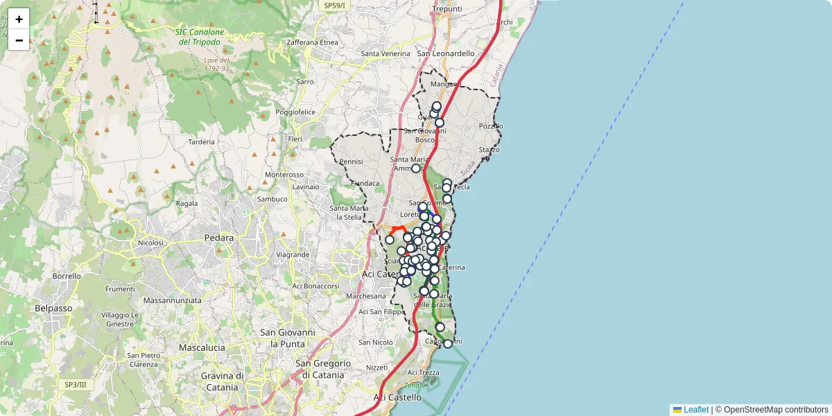 Mappa dettagliata del trasporto pubblico a Acireale con linee autobus, tram e collegamenti