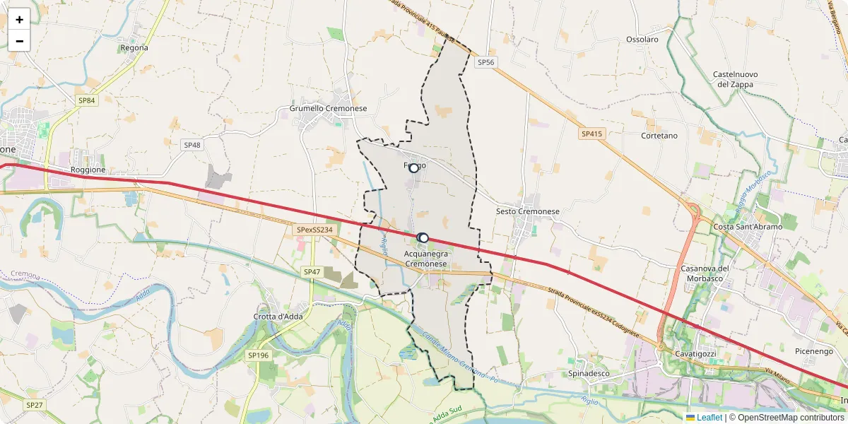 Mappa dettagliata del trasporto pubblico a Acquanegra Cremonese con linee autobus, tram e collegamenti