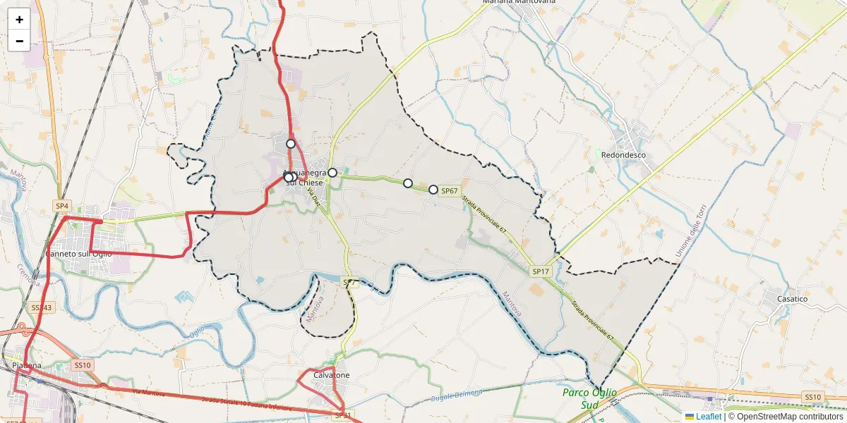 Mappa dettagliata del trasporto pubblico a Acquanegra sul Chiese con linee autobus, tram e collegamenti