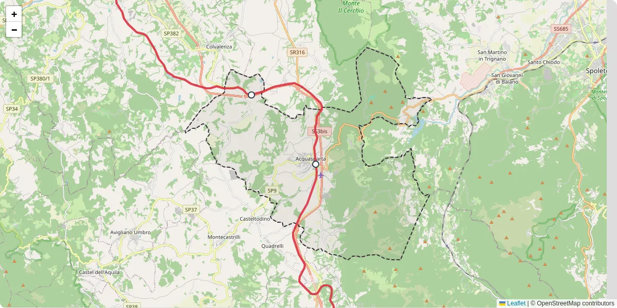 Mappa dettagliata del trasporto pubblico a Acquasparta con linee autobus, tram e collegamenti