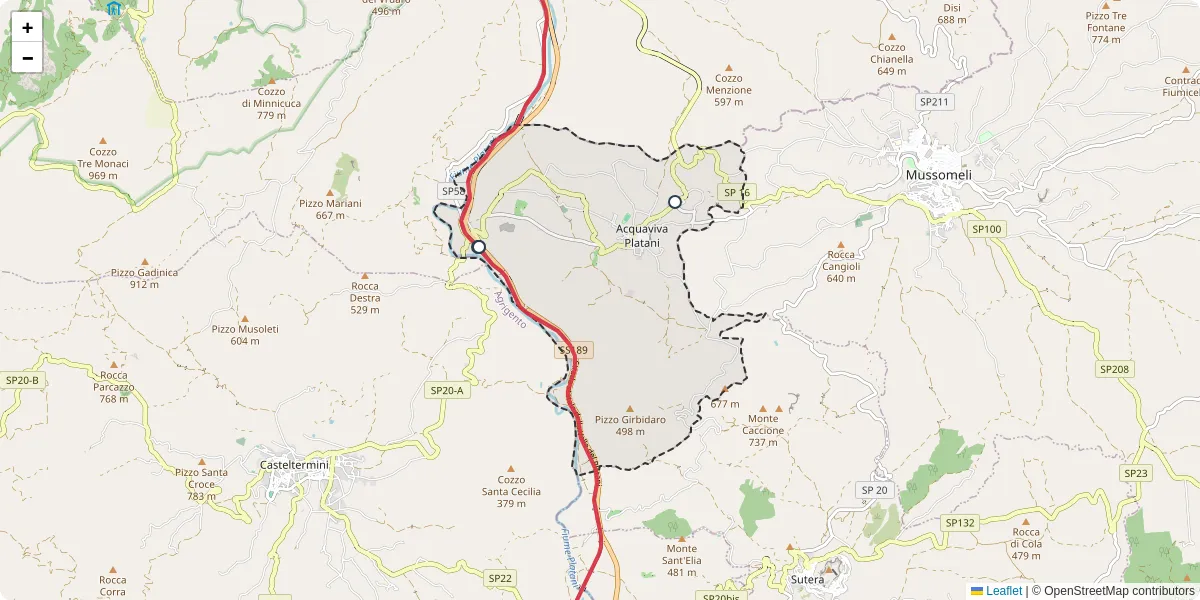 Mappa dettagliata del trasporto pubblico a Acquaviva Platani con linee autobus, tram e collegamenti