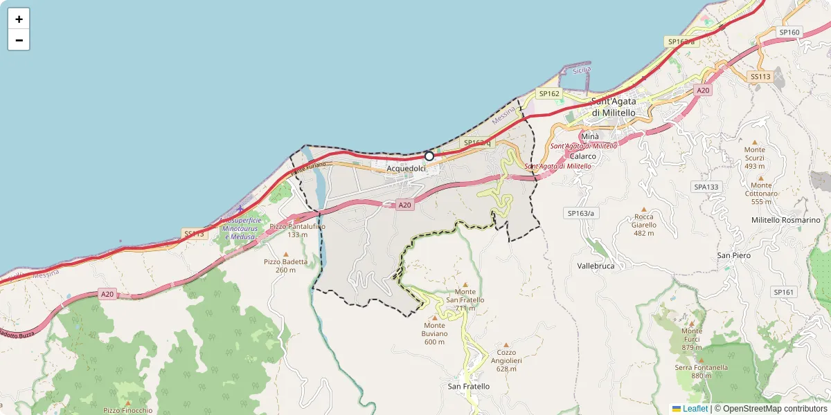 Mappa dettagliata del trasporto pubblico a Acquedolci con linee autobus, tram e collegamenti