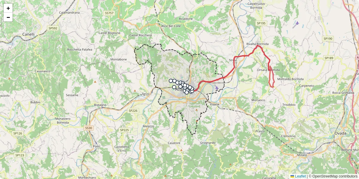 Mappa dettagliata del trasporto pubblico a Acqui Terme con linee autobus, tram e collegamenti