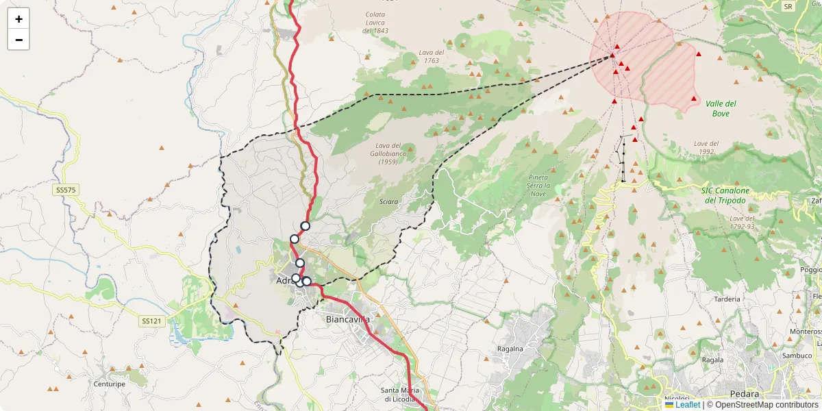 Mappa dettagliata del trasporto pubblico a Adrano con linee autobus, tram e collegamenti