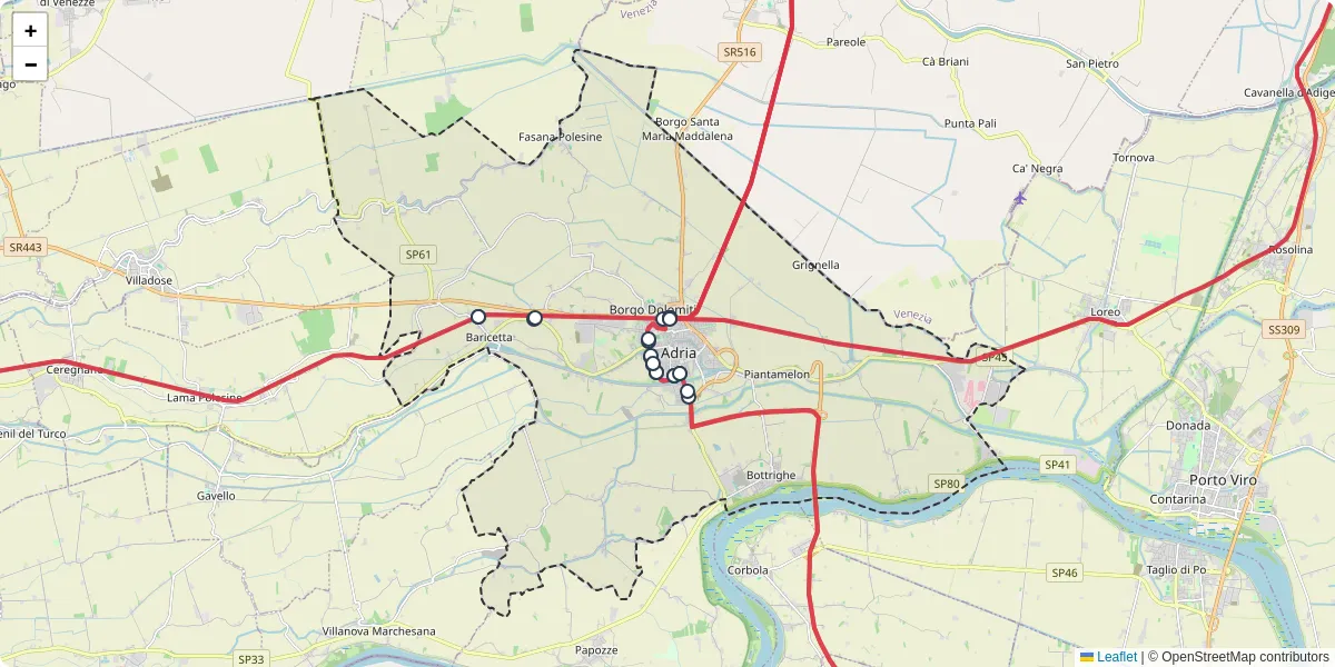 Mappa dettagliata del trasporto pubblico a Adria con linee autobus, tram e collegamenti