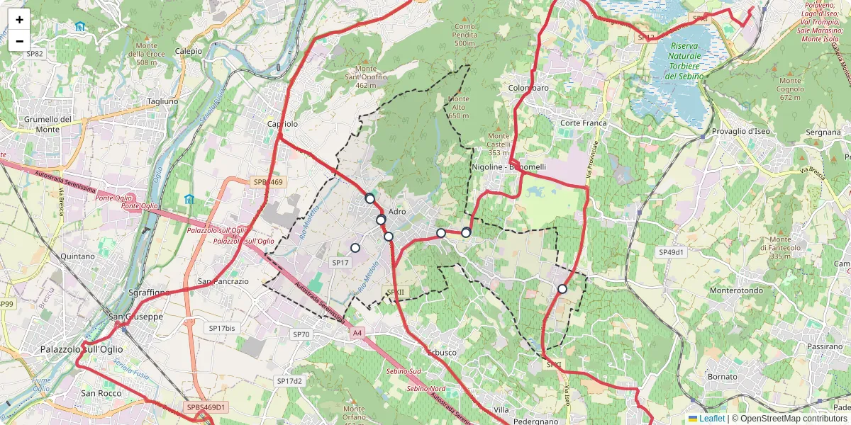 Mappa dettagliata del trasporto pubblico a Adro con linee autobus, tram e collegamenti
