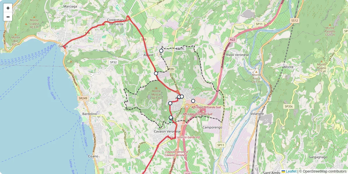 Mappa dettagliata del trasporto pubblico a Affi con linee autobus, tram e collegamenti