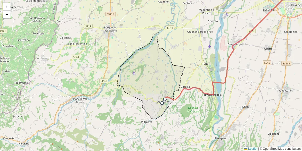 Mappa dettagliata del trasporto pubblico a Agazzano con linee autobus, tram e collegamenti
