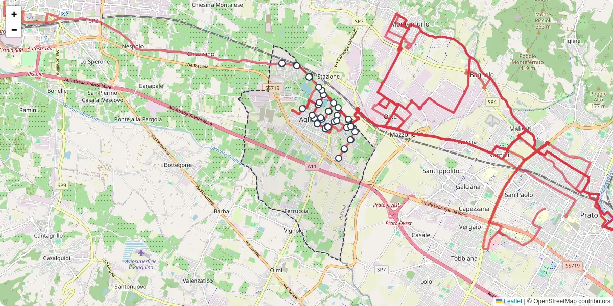 Mappa dettagliata del trasporto pubblico a Agliana con linee autobus, tram e collegamenti