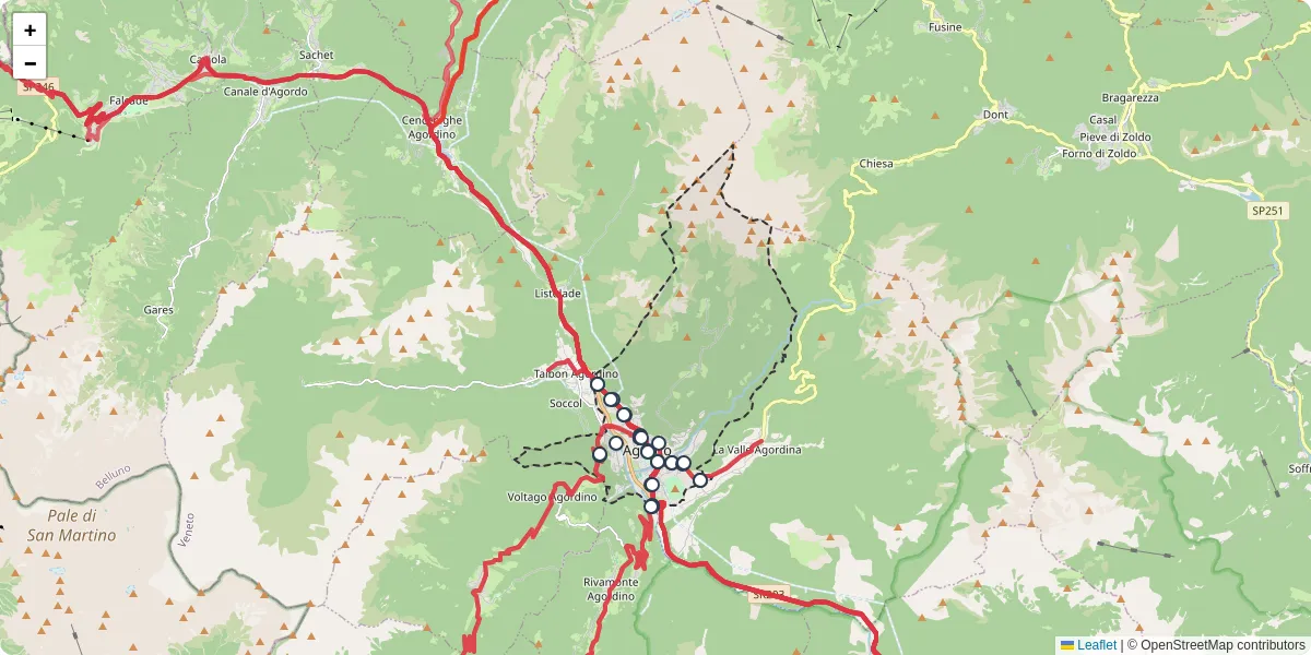 Mappa dettagliata del trasporto pubblico a Agordo con linee autobus, tram e collegamenti