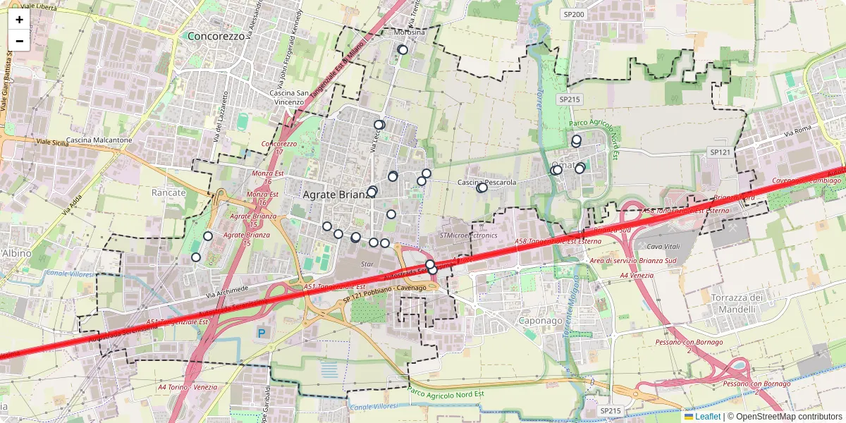 Mappa dettagliata del trasporto pubblico a Agrate Brianza con linee autobus, tram e collegamenti
