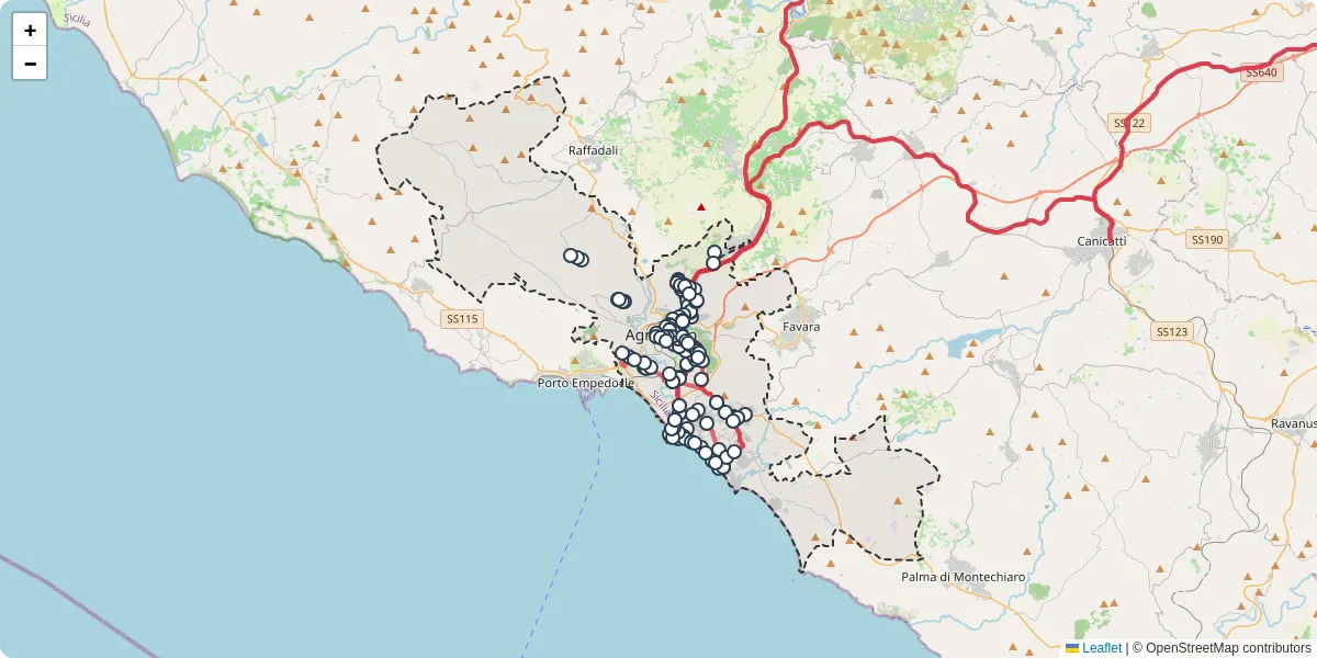 Mappa dettagliata del trasporto pubblico a Agrigento con linee autobus, tram e collegamenti