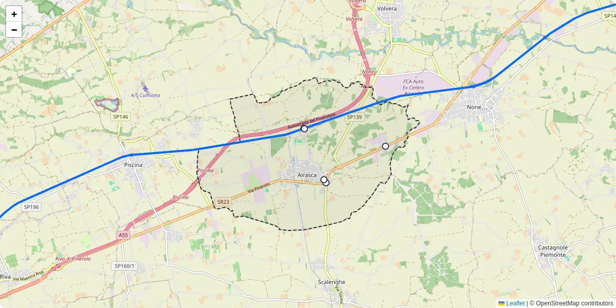Mappa dettagliata del trasporto pubblico a Airasca con linee autobus, tram e collegamenti