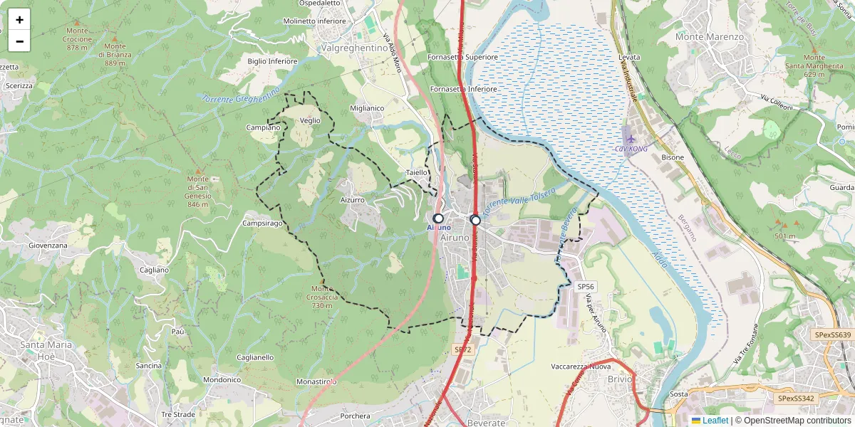 Mappa dettagliata del trasporto pubblico a Airuno con linee autobus, tram e collegamenti