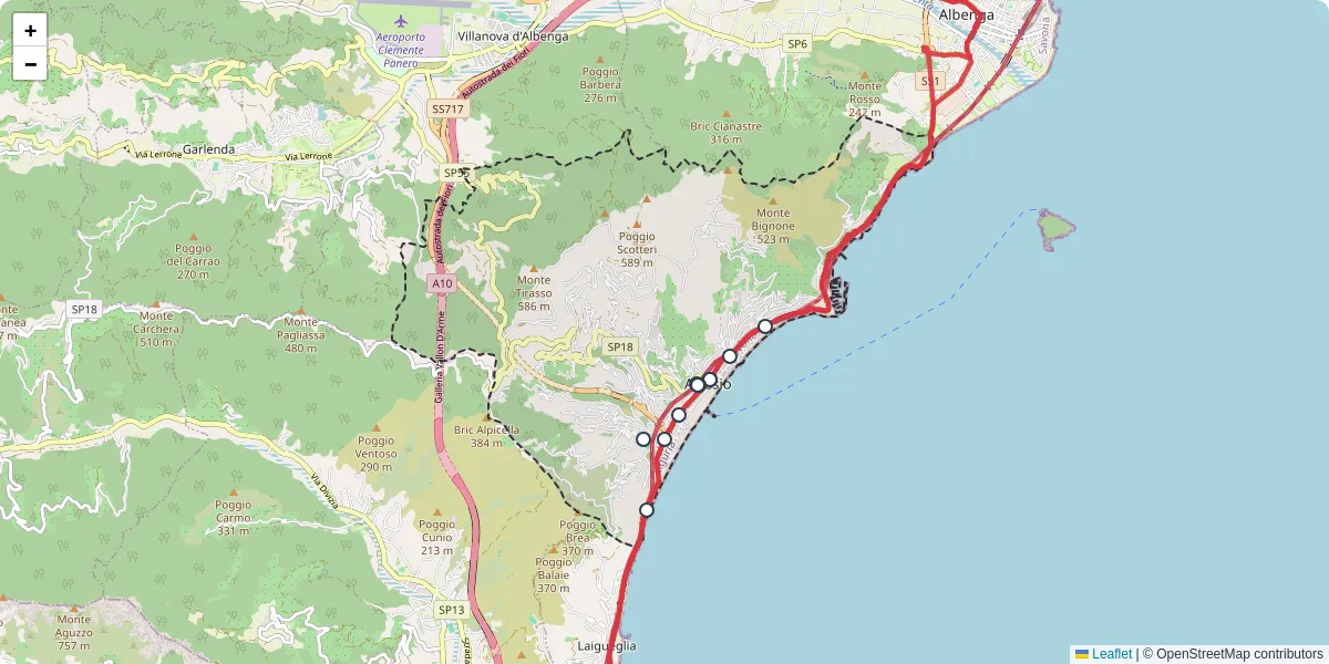 Mappa dettagliata del trasporto pubblico a Alassio con linee autobus, tram e collegamenti
