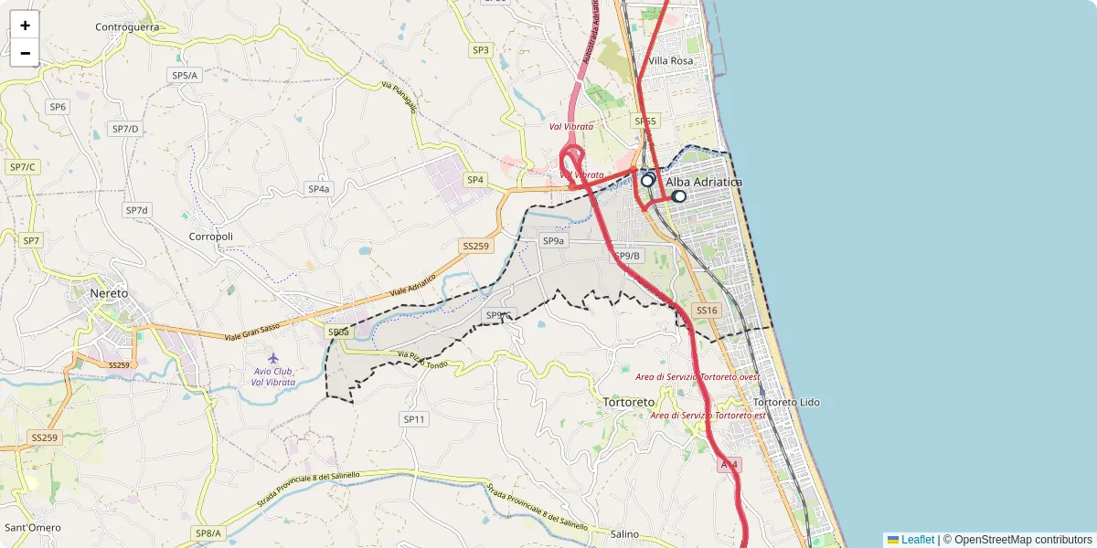 Mappa dettagliata del trasporto pubblico a Alba Adriatica con linee autobus, tram e collegamenti