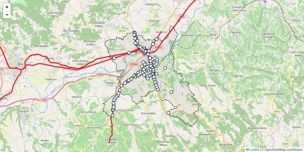 Mappa dettagliata del trasporto pubblico a Alba con linee autobus, tram e collegamenti
