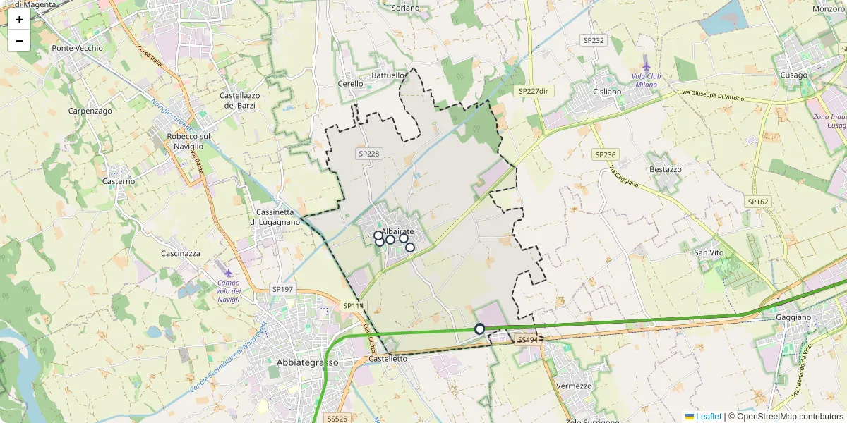 Mappa dettagliata del trasporto pubblico a Albairate con linee autobus, tram e collegamenti