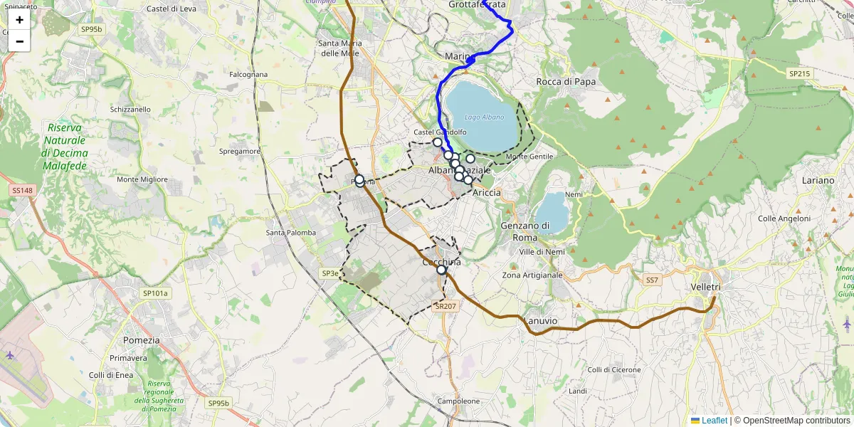 Mappa dettagliata del trasporto pubblico a Albano Laziale con linee autobus, tram e collegamenti