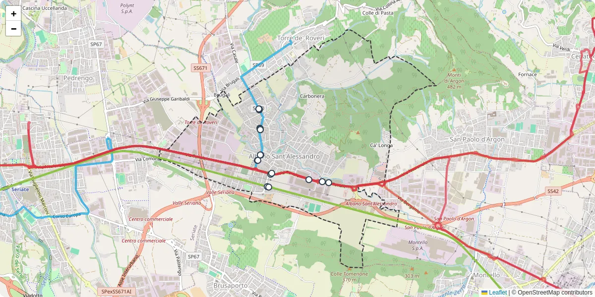 Mappa dettagliata del trasporto pubblico a Albano Sant'Alessandro con linee autobus, tram e collegamenti