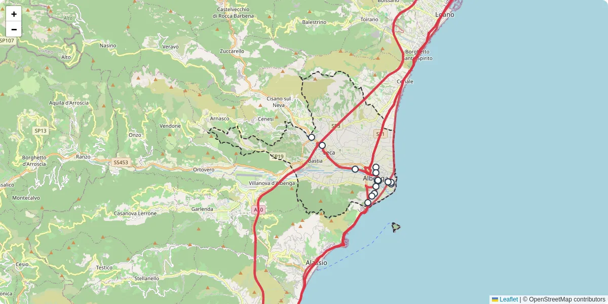 Mappa dettagliata del trasporto pubblico a Albenga con linee autobus, tram e collegamenti