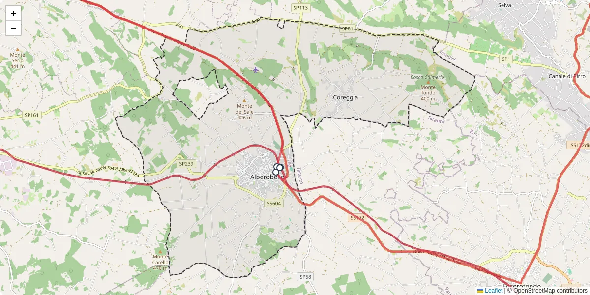 Mappa dettagliata del trasporto pubblico a Alberobello con linee autobus, tram e collegamenti