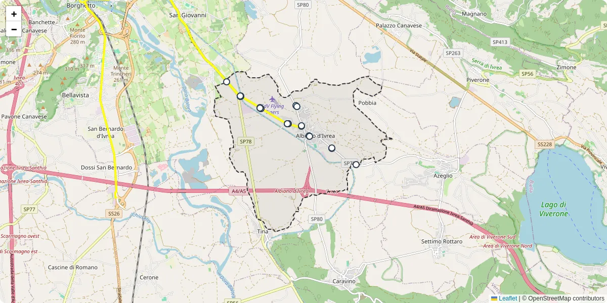 Mappa dettagliata del trasporto pubblico a Albiano d'Ivrea con linee autobus, tram e collegamenti