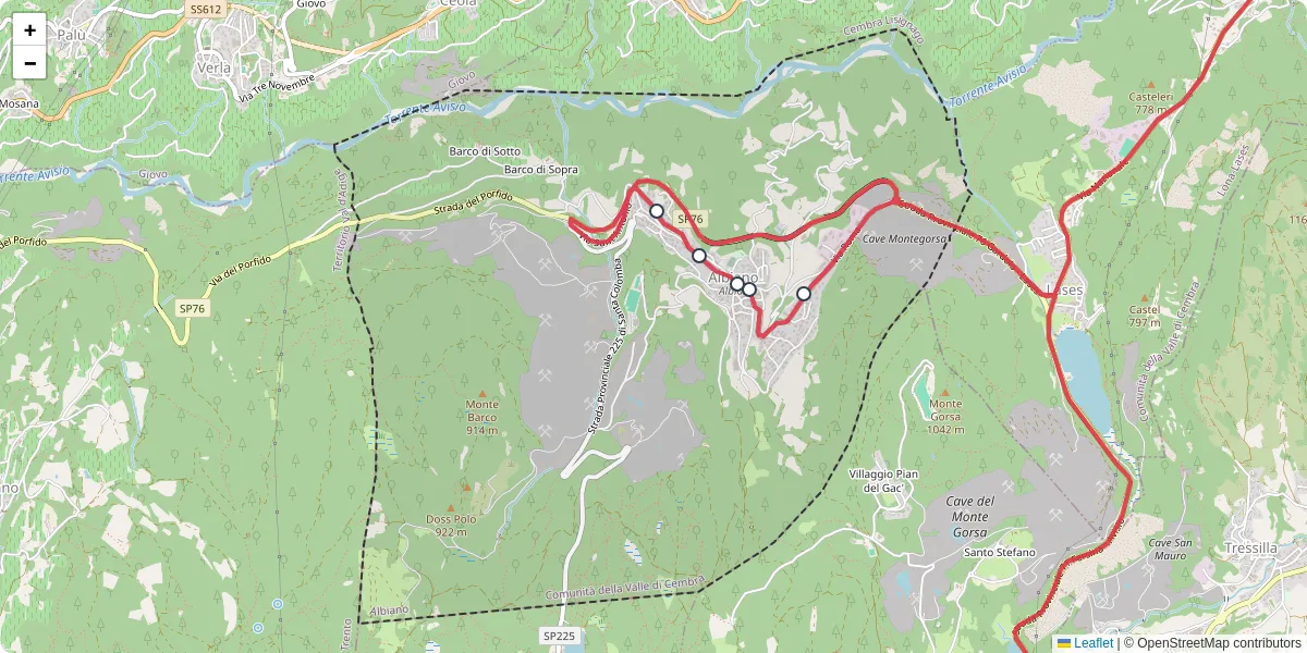 Mappa dettagliata del trasporto pubblico a Albiano con linee autobus, tram e collegamenti