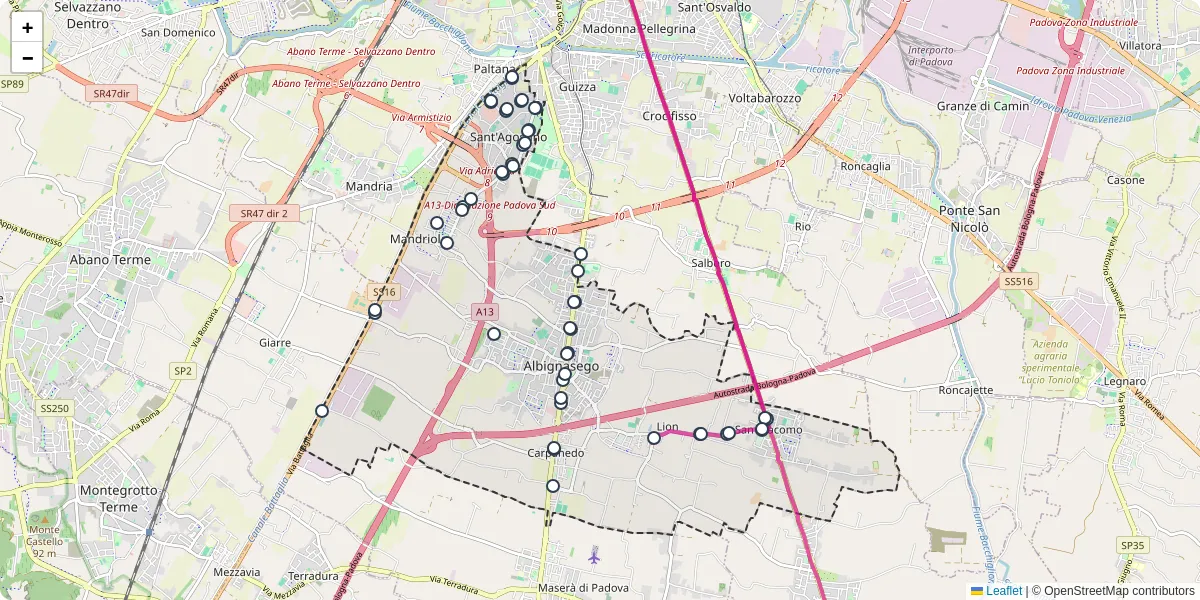 Mappa dettagliata del trasporto pubblico a Albignasego con linee autobus, tram e collegamenti
