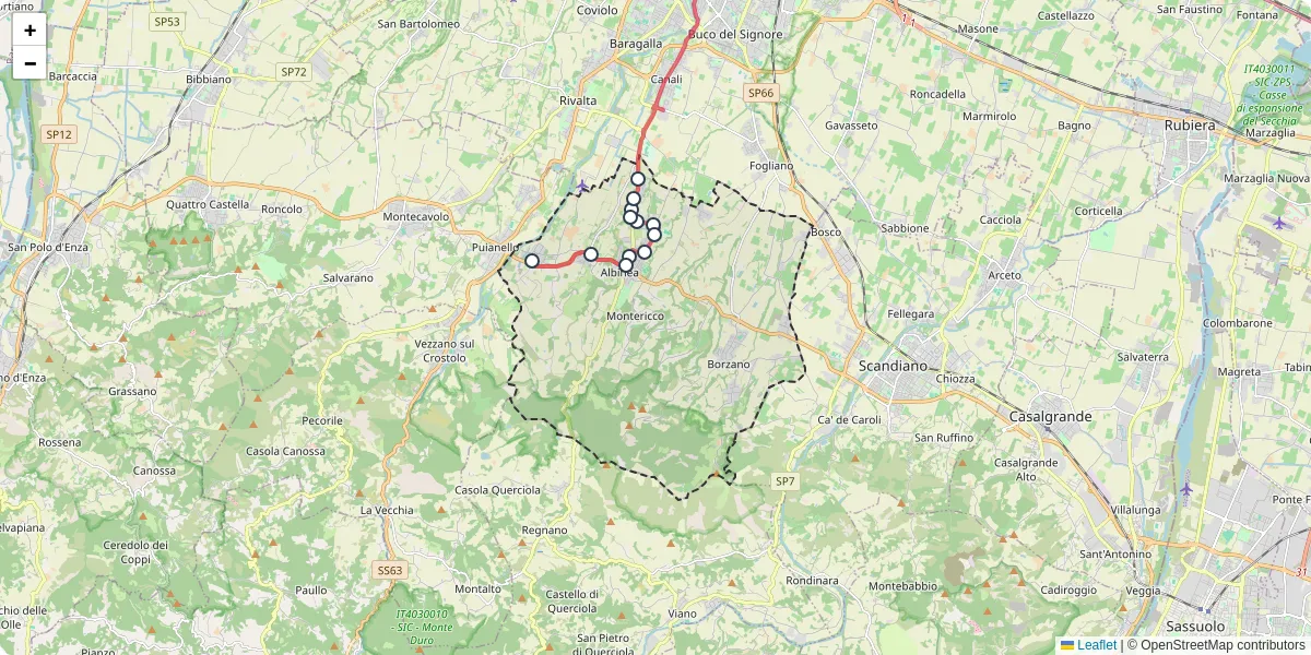 Mappa dettagliata del trasporto pubblico a Albinea con linee autobus, tram e collegamenti