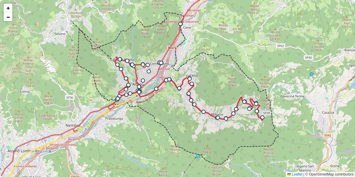 Mappa dettagliata del trasporto pubblico a Albino con linee autobus, tram e collegamenti