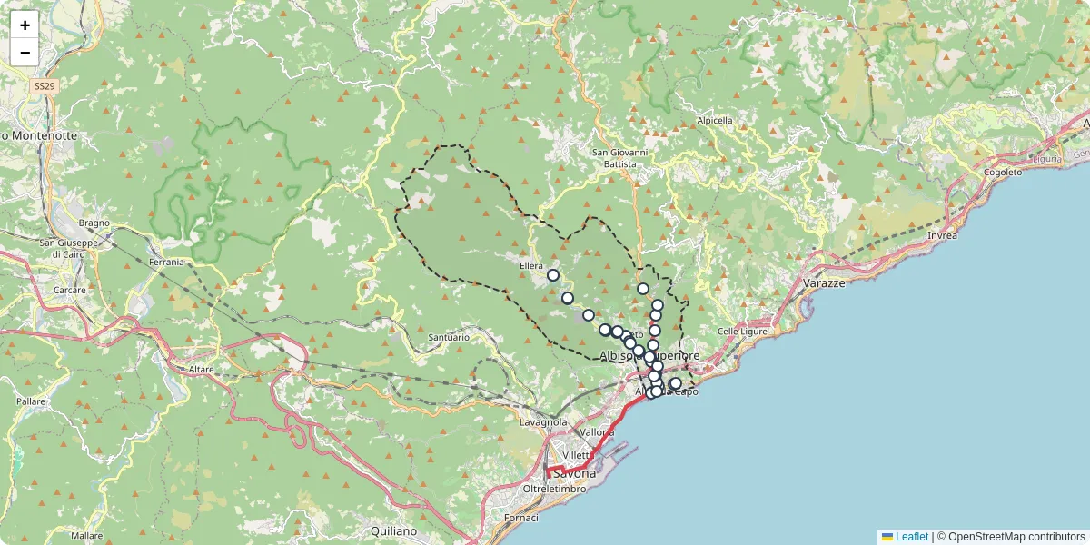 Mappa dettagliata del trasporto pubblico a Albisola Superiore con linee autobus, tram e collegamenti