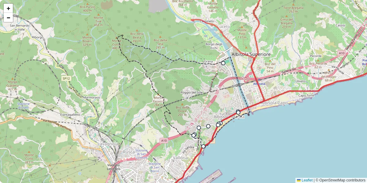 Mappa dettagliata del trasporto pubblico a Albissola Marina con linee autobus, tram e collegamenti