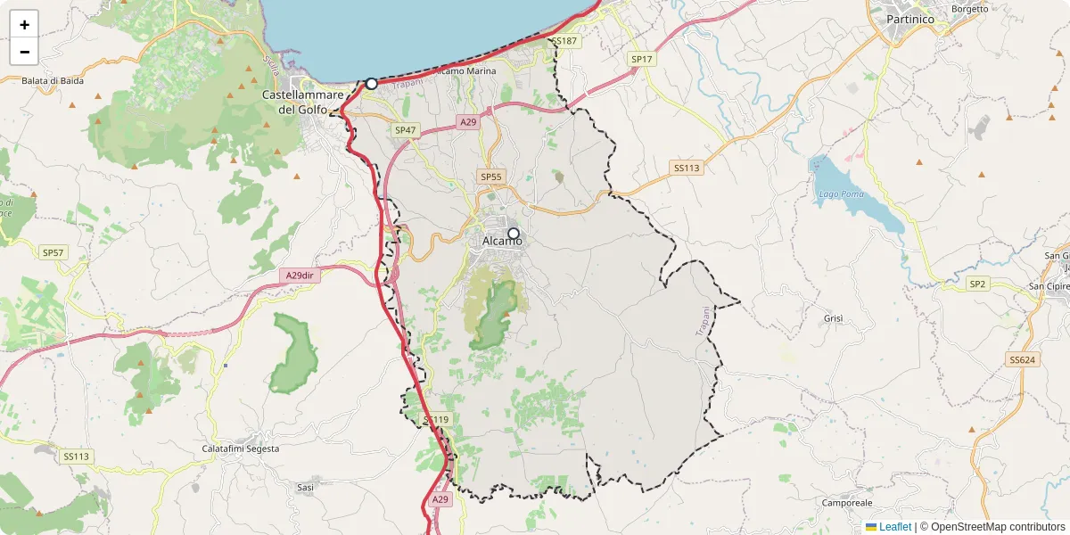 Mappa dettagliata del trasporto pubblico a Alcamo con linee autobus, tram e collegamenti