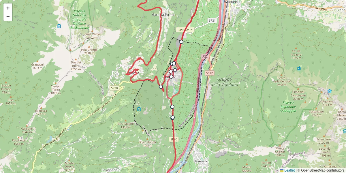 Mappa dettagliata del trasporto pubblico a Aldeno con linee autobus, tram e collegamenti