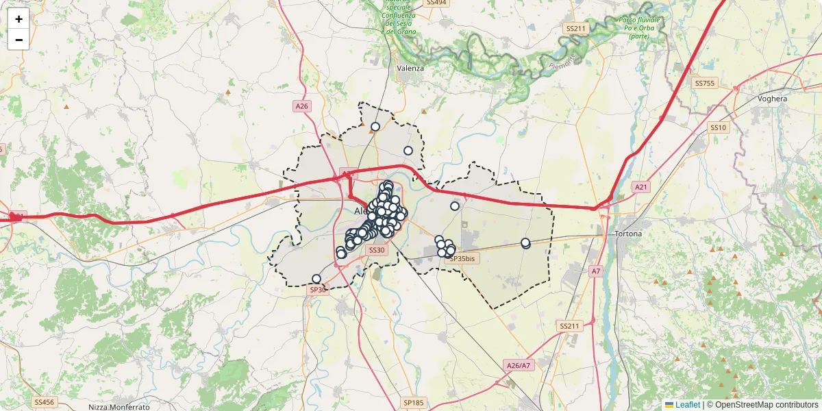 Mappa dettagliata del trasporto pubblico a Alessandria con linee autobus, tram e collegamenti