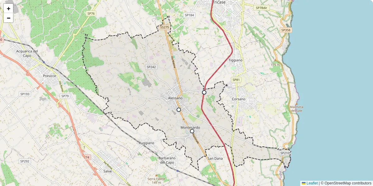 Mappa dettagliata del trasporto pubblico a Alessano con linee autobus, tram e collegamenti
