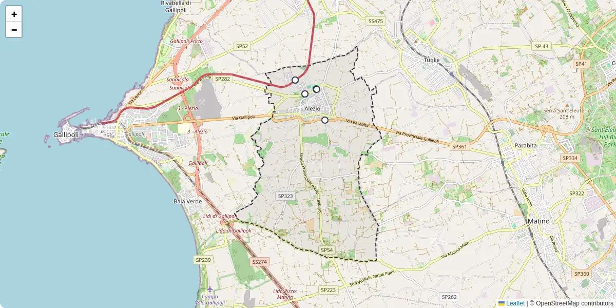 Mappa dettagliata del trasporto pubblico a Alezio con linee autobus, tram e collegamenti