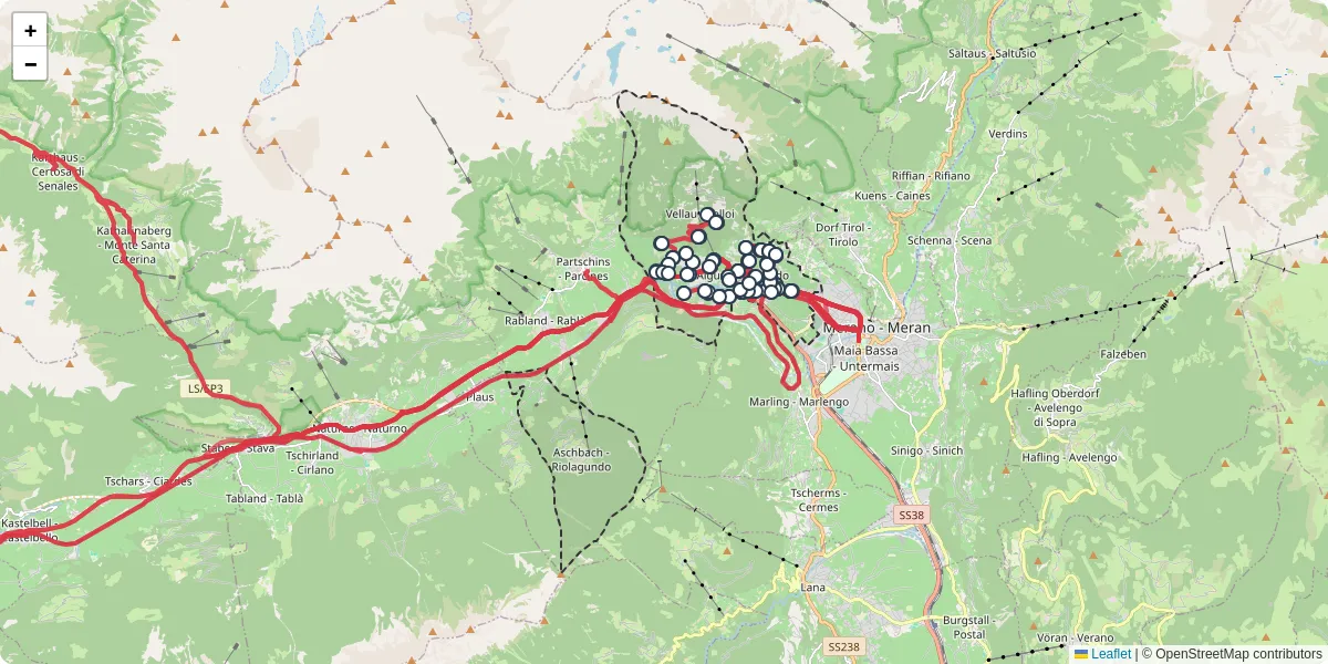 Mappa dettagliata del trasporto pubblico a Algund - Lagundo con linee autobus, tram e collegamenti