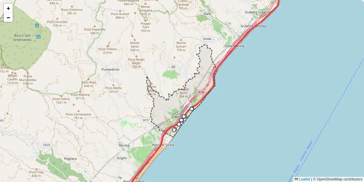 Mappa dettagliata del trasporto pubblico a Alì Terme con linee autobus, tram e collegamenti