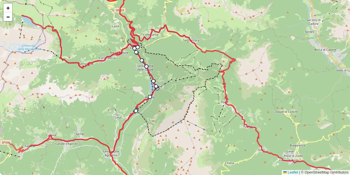Mappa dettagliata del trasporto pubblico a Alleghe con linee autobus, tram e collegamenti
