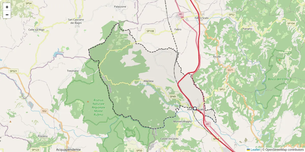 Mappa dettagliata del trasporto pubblico a Allerona con linee autobus, tram e collegamenti