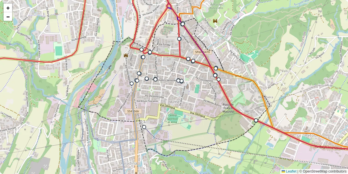 Mappa dettagliata del trasporto pubblico a Almè con linee autobus, tram e collegamenti