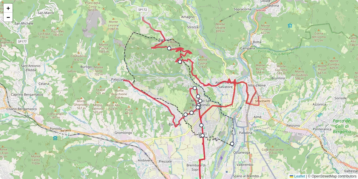 Mappa dettagliata del trasporto pubblico a Almenno San Bartolomeo con linee autobus, tram e collegamenti