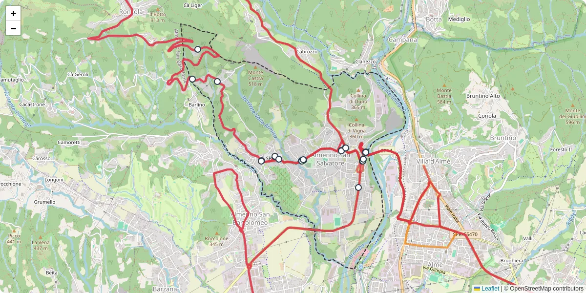 Mappa dettagliata del trasporto pubblico a Almenno San Salvatore con linee autobus, tram e collegamenti